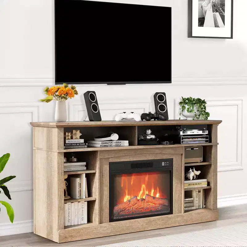 Le meuble TV comprend une cheminée électrique et une console multimédia, avec télécommande et effets de flammes LED réglables.