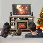 Le meuble TV comprend une cheminée électrique et une console multimédia, avec télécommande et effets de flammes LED réglables.