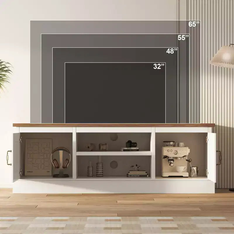 Meuble TV de style ferme avec rangement, console média moderne avec finition grain de bois rustique, convient aux salons et bureaux à domicile.