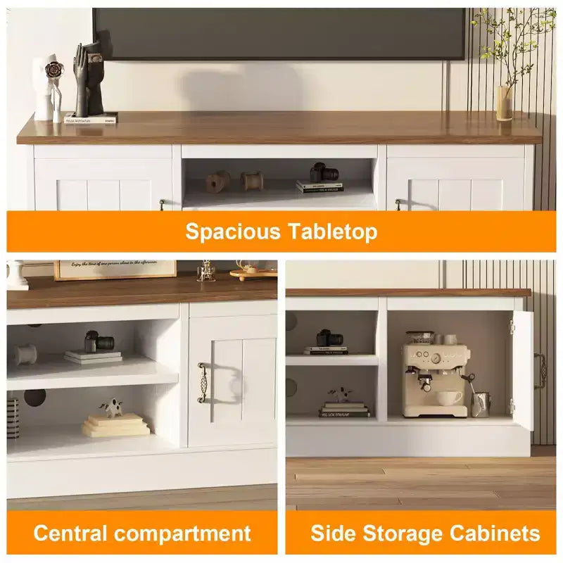 Meuble TV de style ferme avec rangement, console média moderne avec finition grain de bois rustique, convient aux salons et bureaux à domicile.