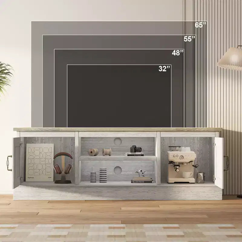 Meuble TV de style ferme avec rangement, console média moderne avec finition grain de bois rustique, convient aux salons et bureaux à domicile.