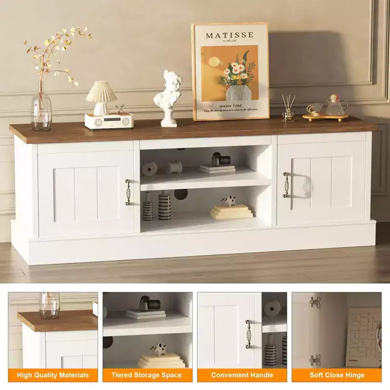 Meuble TV de style ferme avec rangement, console média moderne avec finition grain de bois rustique, convient aux salons et bureaux à domicile.