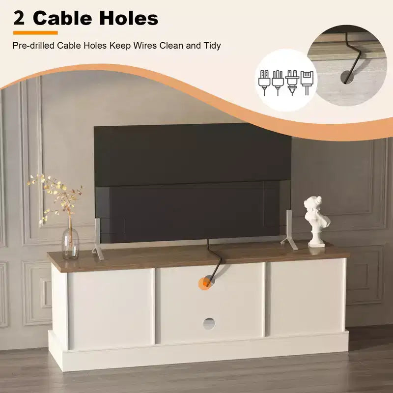 Meuble TV de style ferme avec rangement, console média moderne avec finition grain de bois rustique, convient aux salons et bureaux à domicile.