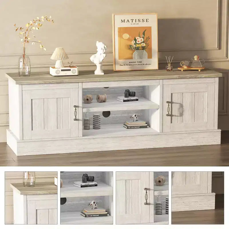 Meuble TV de style ferme avec rangement, console média moderne avec finition grain de bois rustique, convient aux salons et bureaux à domicile.