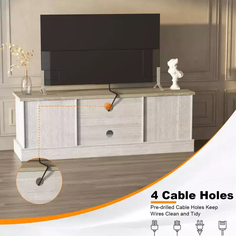 Meuble TV de style ferme avec rangement, console média moderne avec finition grain de bois rustique, convient aux salons et bureaux à domicile.