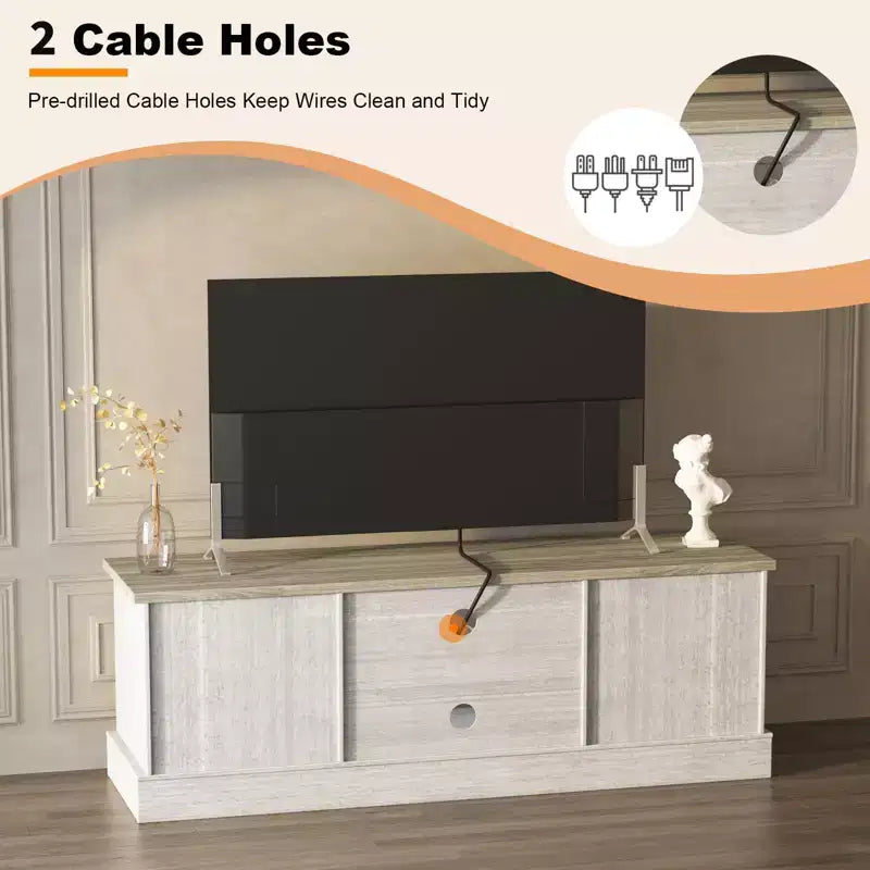 Meuble TV de style ferme avec rangement, console média moderne avec finition grain de bois rustique, convient aux salons et bureaux à domicile.