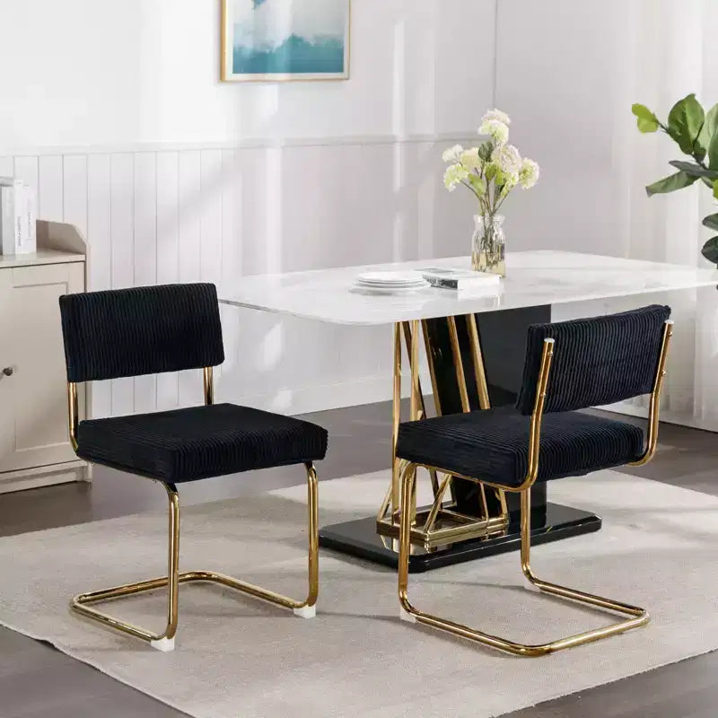 MAYEERTY Chaises de salle à manger modernes - Tissu côtelé, piètement en métal doré, capitonnage cannelé, sans accoudoirs, lot de 2