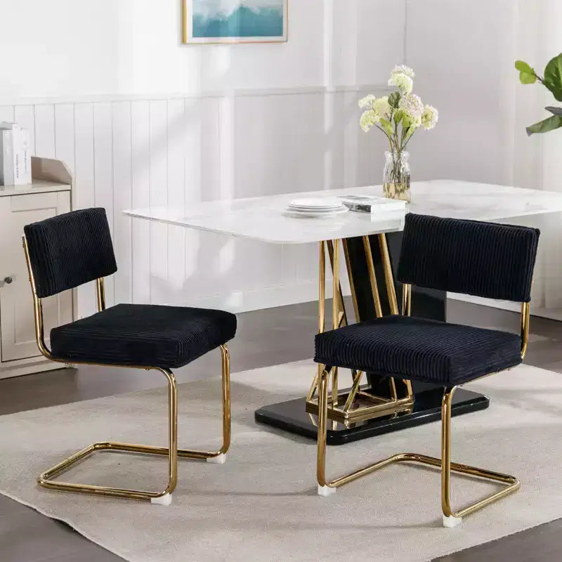 MAYEERTY Chaises de salle à manger modernes - Tissu côtelé, piètement en métal doré, capitonnage cannelé, sans accoudoirs, lot de 2