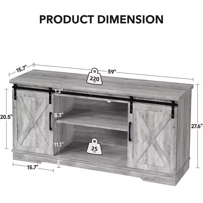 Meuble TV, Meuble TV 147 cm pour TV 165 cm, Meuble TV avec portes de grange, Meuble console multimédia industriel Armoire de rangement Buffet pour salon