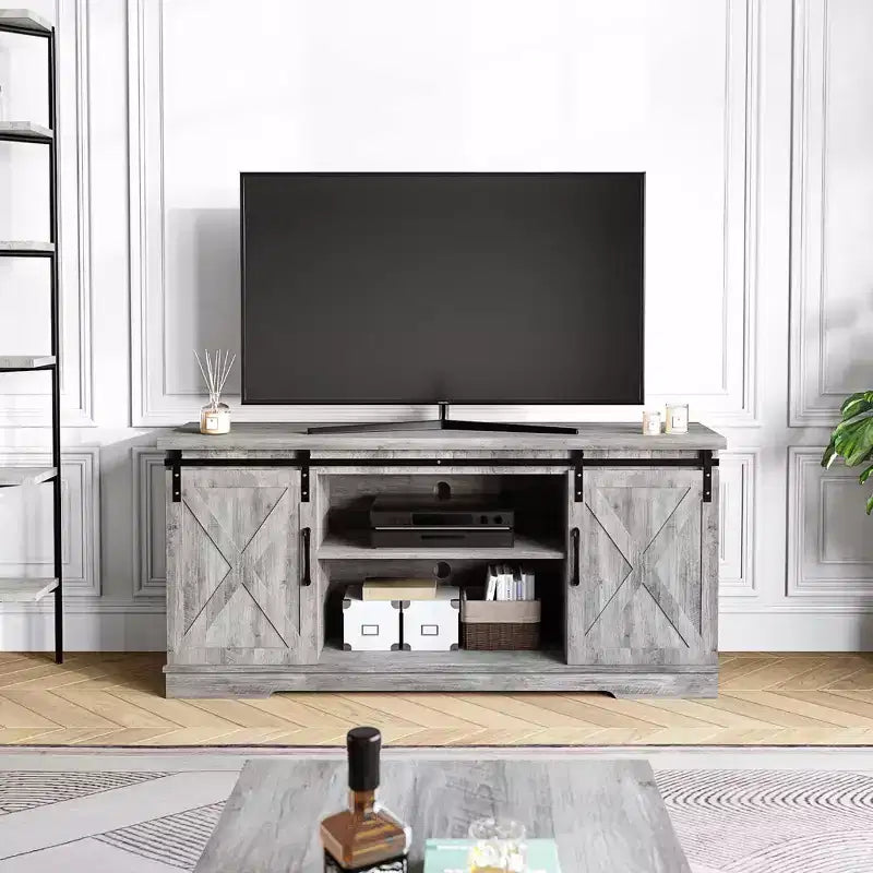 Meuble TV, Meuble TV 147 cm pour TV 165 cm, Meuble TV avec portes de grange, Meuble console multimédia industriel Armoire de rangement Buffet pour salon
