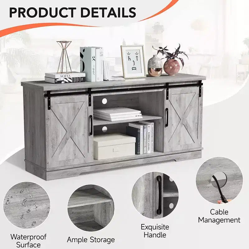 Meuble TV, Meuble TV 147 cm pour TV 165 cm, Meuble TV avec portes de grange, Meuble console multimédia industriel Armoire de rangement Buffet pour salon