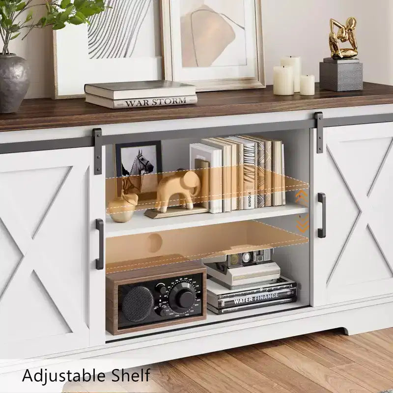 Meuble TV, Meuble TV 147 cm pour TV 165 cm, Meuble TV avec portes de grange, Meuble console multimédia industriel Armoire de rangement Buffet pour salon