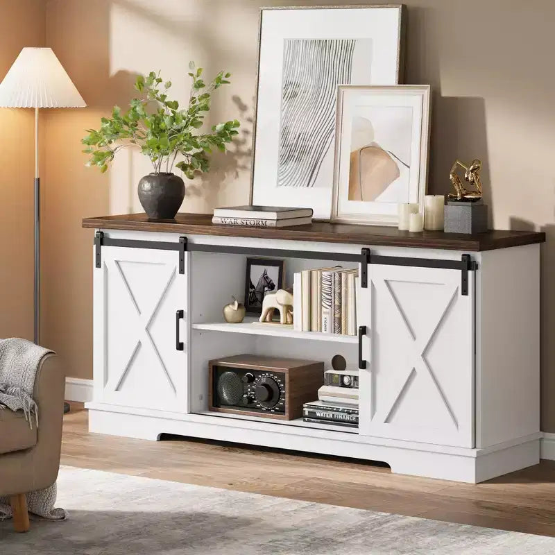 Meuble TV, Meuble TV 147 cm pour TV 165 cm, Meuble TV avec portes de grange, Meuble console multimédia industriel Armoire de rangement Buffet pour salon