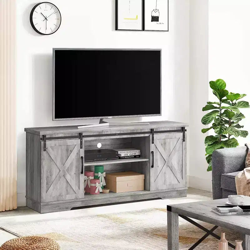 Meuble TV, Meuble TV 147 cm pour TV 165 cm, Meuble TV avec portes de grange, Meuble console multimédia industriel Armoire de rangement Buffet pour salon