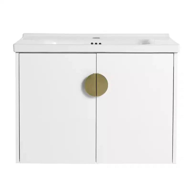 Meuble-lavabo moderne avec vasque en céramique, portes à fermeture douce et finition blanc brillant résistante aux rayures.