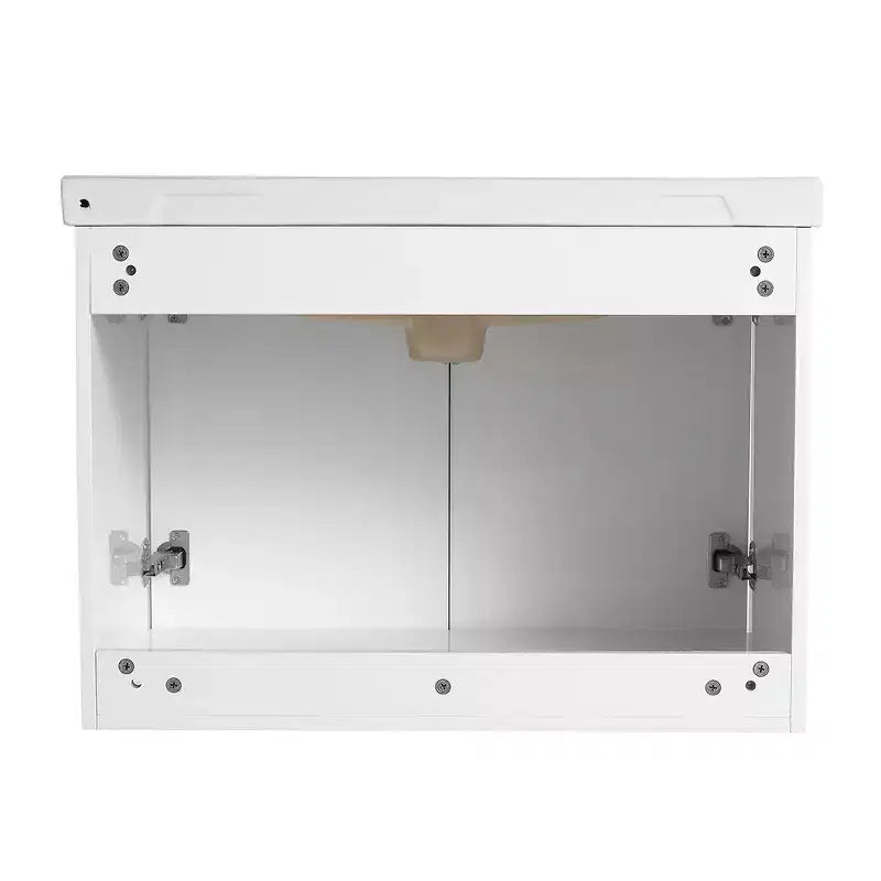 Meuble-lavabo moderne avec vasque en céramique, portes à fermeture douce et finition blanc brillant résistante aux rayures.