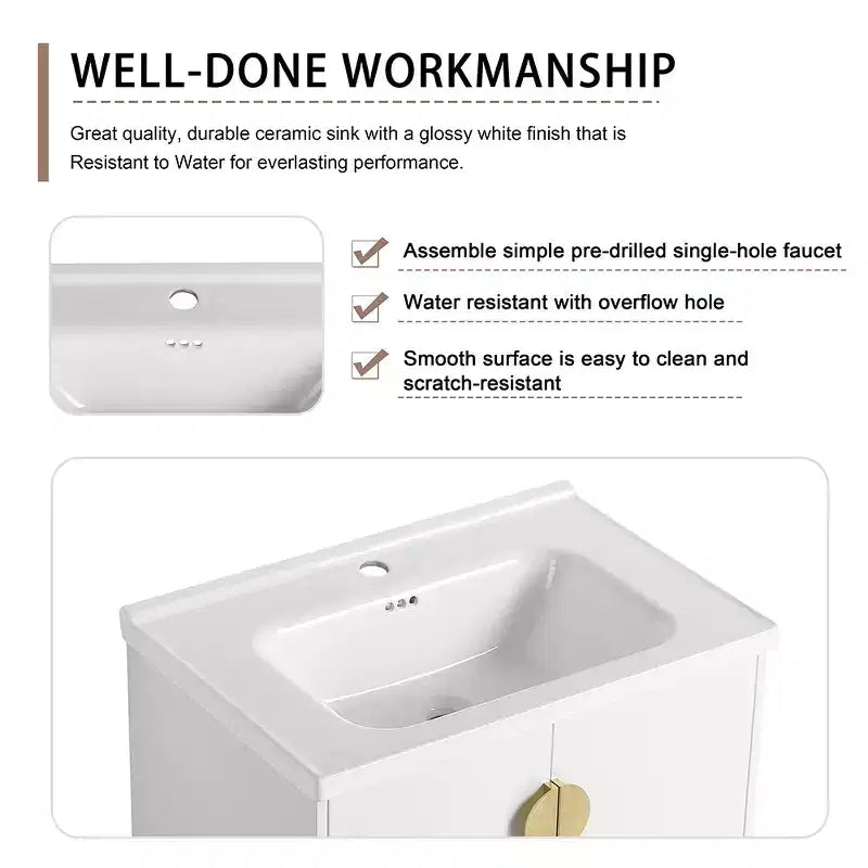 Meuble-lavabo moderne avec vasque en céramique, portes à fermeture douce et finition blanc brillant résistante aux rayures.