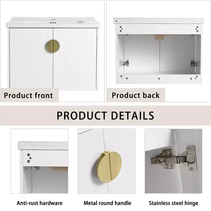 Meuble-lavabo moderne avec vasque en céramique, portes à fermeture douce et finition blanc brillant résistante aux rayures.