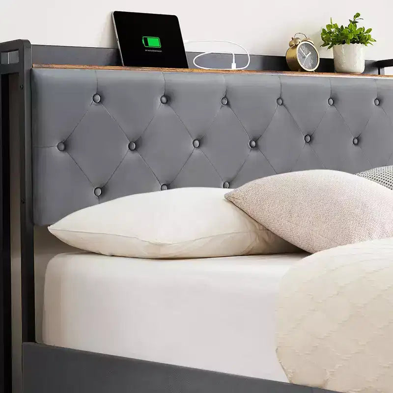 Cadre de lit rembourré GustoWave avec tiroirs de rangement, lit en velours avec étagère de tête de lit, support à lattes métalliques, aucun sommier tapissier requis