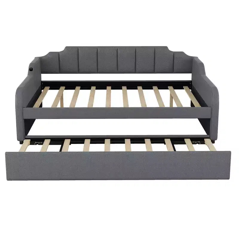 Lit de repos rembourré pleine grandeur avec lit gigogne et port de chargement USB, le lit gigogne peut être à plat ou relevé, gris