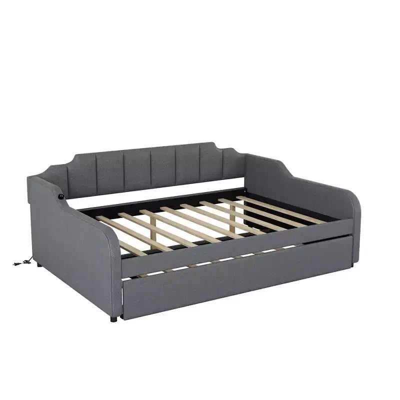 Lit de repos rembourré pleine grandeur avec lit gigogne et port de chargement USB, le lit gigogne peut être à plat ou relevé, gris