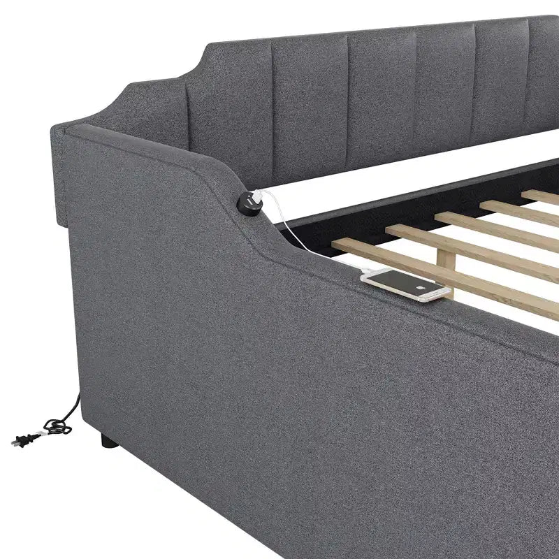 Lit de repos rembourré pleine grandeur avec lit gigogne et port de chargement USB, le lit gigogne peut être à plat ou relevé, gris