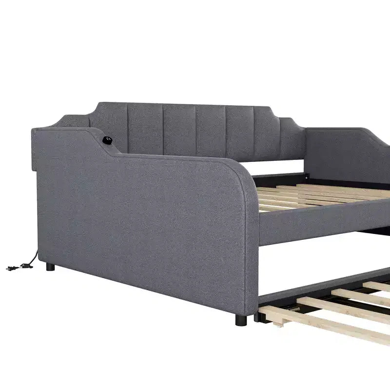 Lit de repos rembourré pleine grandeur avec lit gigogne et port de chargement USB, le lit gigogne peut être à plat ou relevé, gris