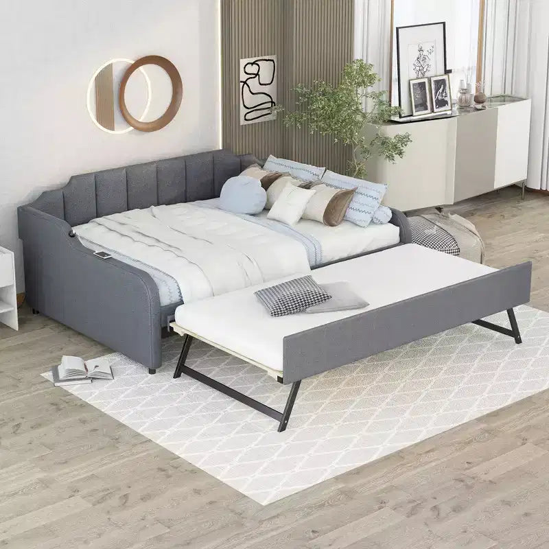Lit de repos rembourré pleine grandeur avec lit gigogne et port de chargement USB, le lit gigogne peut être à plat ou relevé, gris