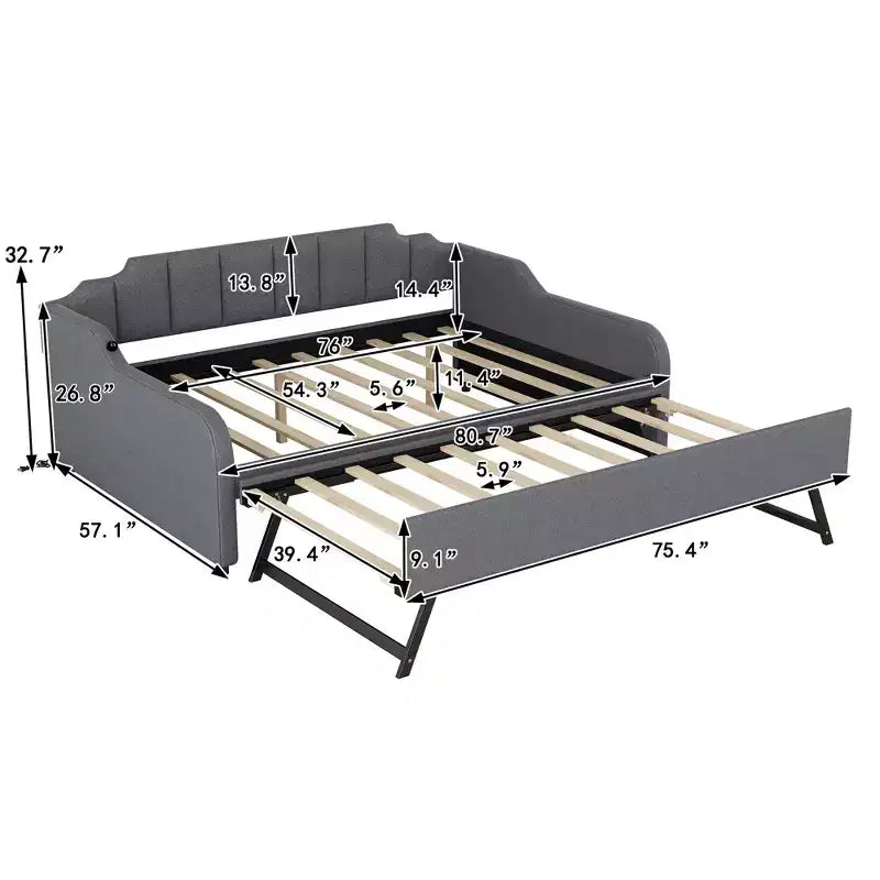 Lit de repos rembourré pleine grandeur avec lit gigogne et port de chargement USB, le lit gigogne peut être à plat ou relevé, gris
