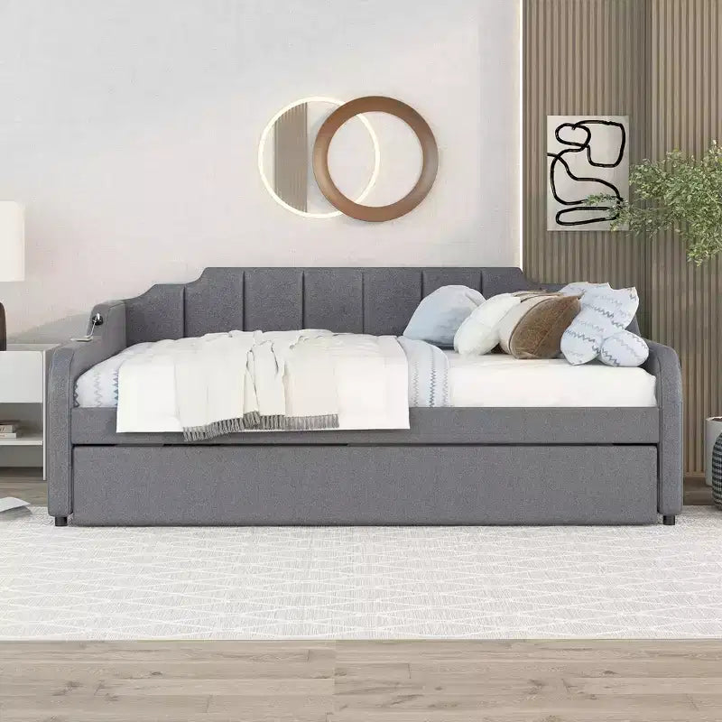 Lit de repos rembourré pleine grandeur avec lit gigogne et port de chargement USB, le lit gigogne peut être à plat ou relevé, gris