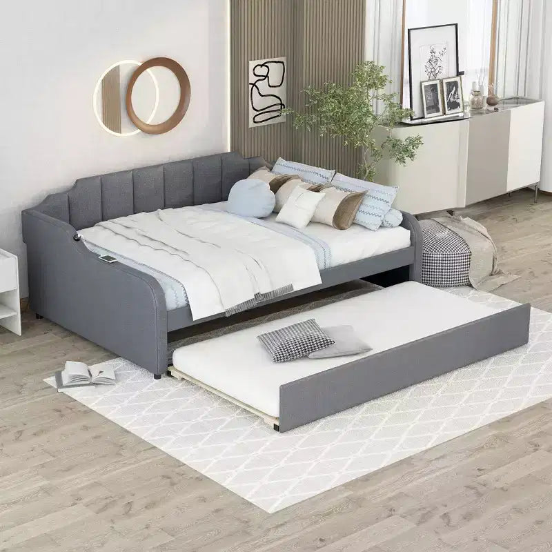 Lit de repos rembourré pleine grandeur avec lit gigogne et port de chargement USB, le lit gigogne peut être à plat ou relevé, gris