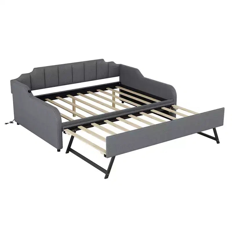 Lit de repos rembourré pleine grandeur avec lit gigogne et port de chargement USB, le lit gigogne peut être à plat ou relevé, gris