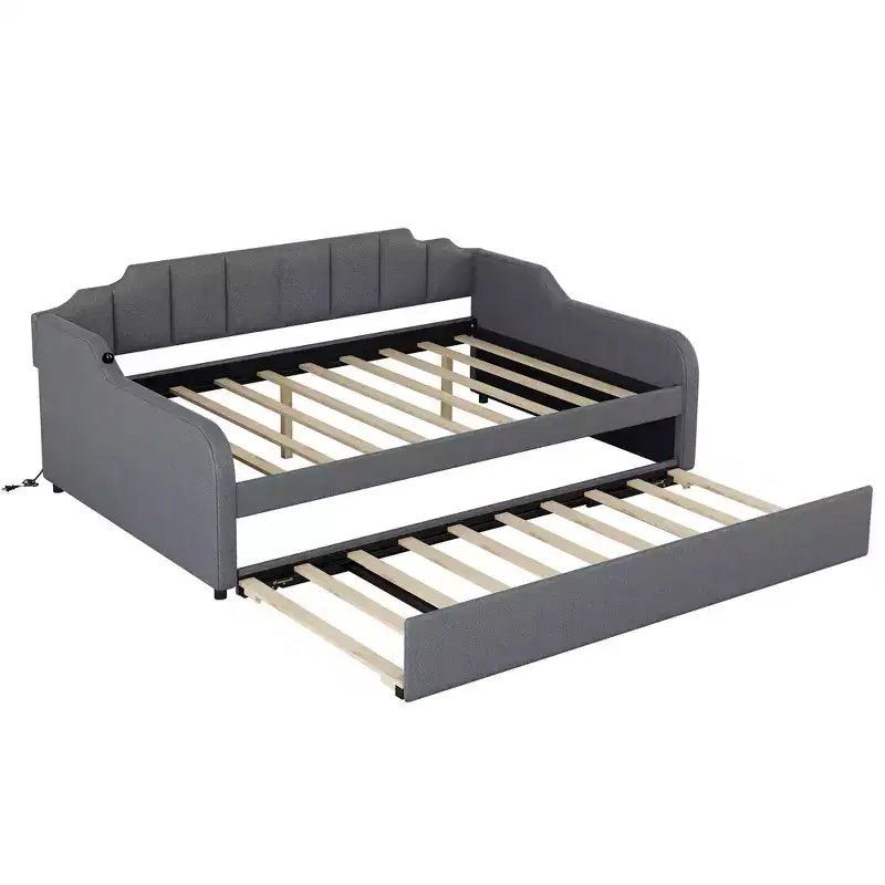 Lit de repos rembourré pleine grandeur avec lit gigogne et port de chargement USB, le lit gigogne peut être à plat ou relevé, gris