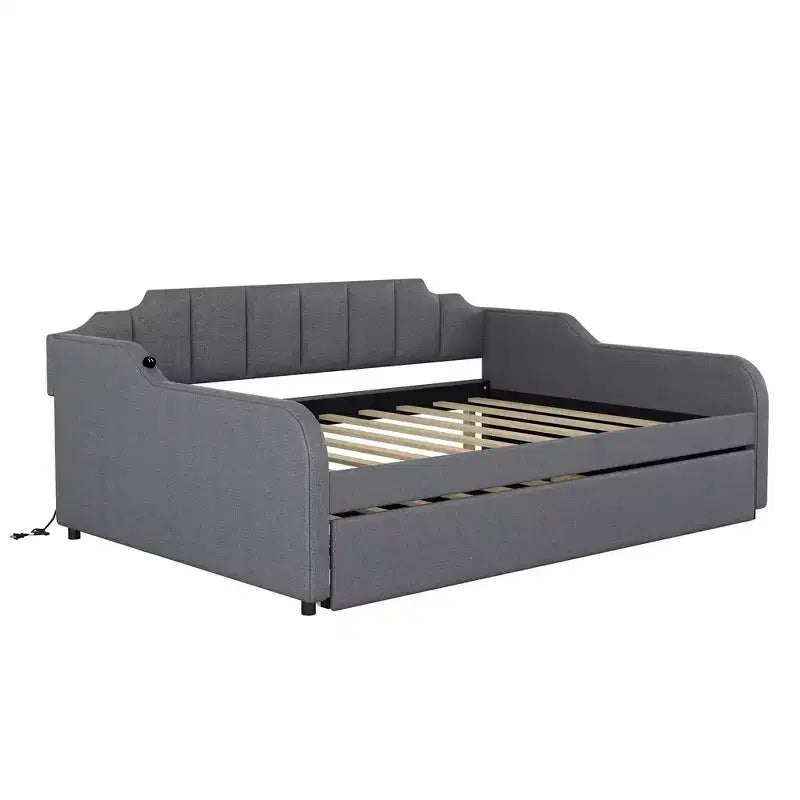 Lit de repos rembourré pleine grandeur avec lit gigogne et port de chargement USB, le lit gigogne peut être à plat ou relevé, gris