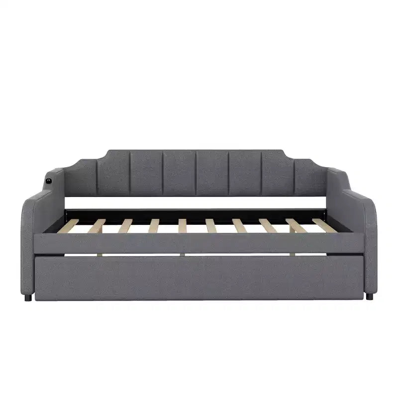 Lit de repos rembourré pleine grandeur avec lit gigogne et port de chargement USB, le lit gigogne peut être à plat ou relevé, gris