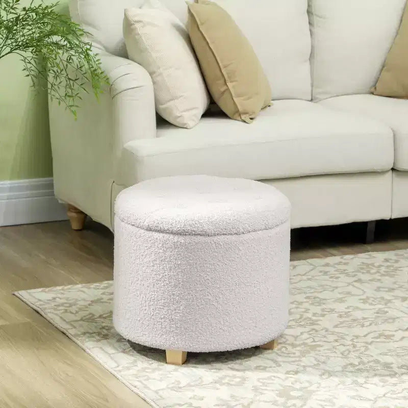 Ottoman rond avec rangement de 45 cm, pouf en polaire bouclette touffeté avec couvercle et pieds pour salon, couloir
