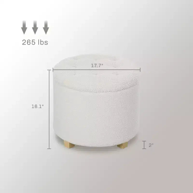 Ottoman rond avec rangement de 45 cm, pouf en polaire bouclette touffeté avec couvercle et pieds pour salon, couloir