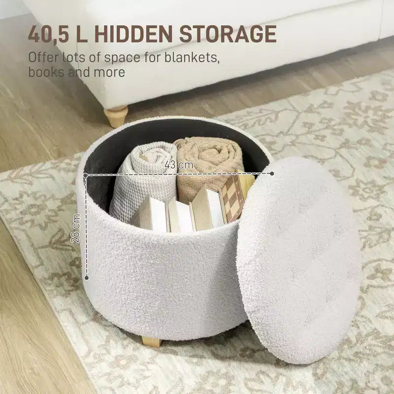 Ottoman rond avec rangement de 45 cm, pouf en polaire bouclette touffeté avec couvercle et pieds pour salon, couloir