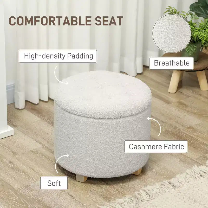 Ottoman rond avec rangement de 45 cm, pouf en polaire bouclette touffeté avec couvercle et pieds pour salon, couloir