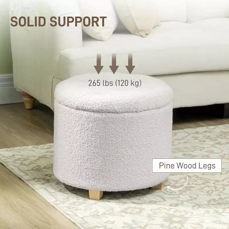 Ottoman rond avec rangement de 45 cm, pouf en polaire bouclette touffeté avec couvercle et pieds pour salon, couloir