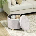 Ottoman rond avec rangement de 45 cm, pouf en polaire bouclette touffeté avec couvercle et pieds pour salon, couloir