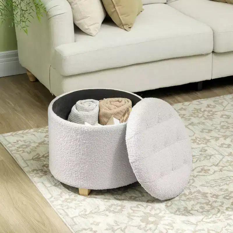 Ottoman rond avec rangement de 45 cm, pouf en polaire bouclette touffeté avec couvercle et pieds pour salon, couloir