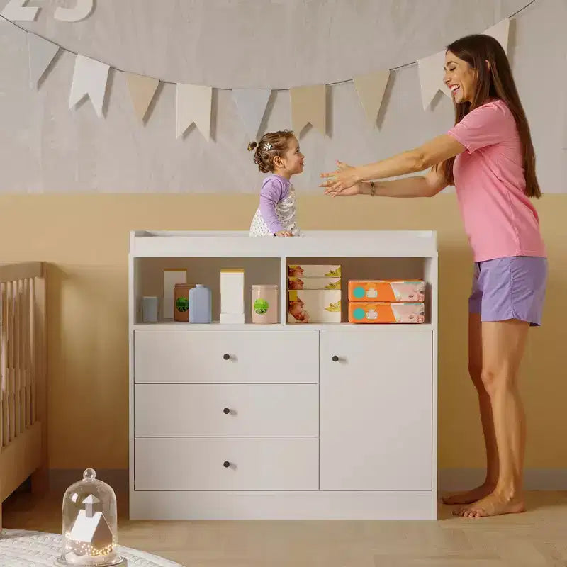 Commode de chambre de bébé blanche avec plateau à langer – Grande station à langer en bois avec 3 tiroirs et 2 étagères pour chambre d'enfant (1 pièce)