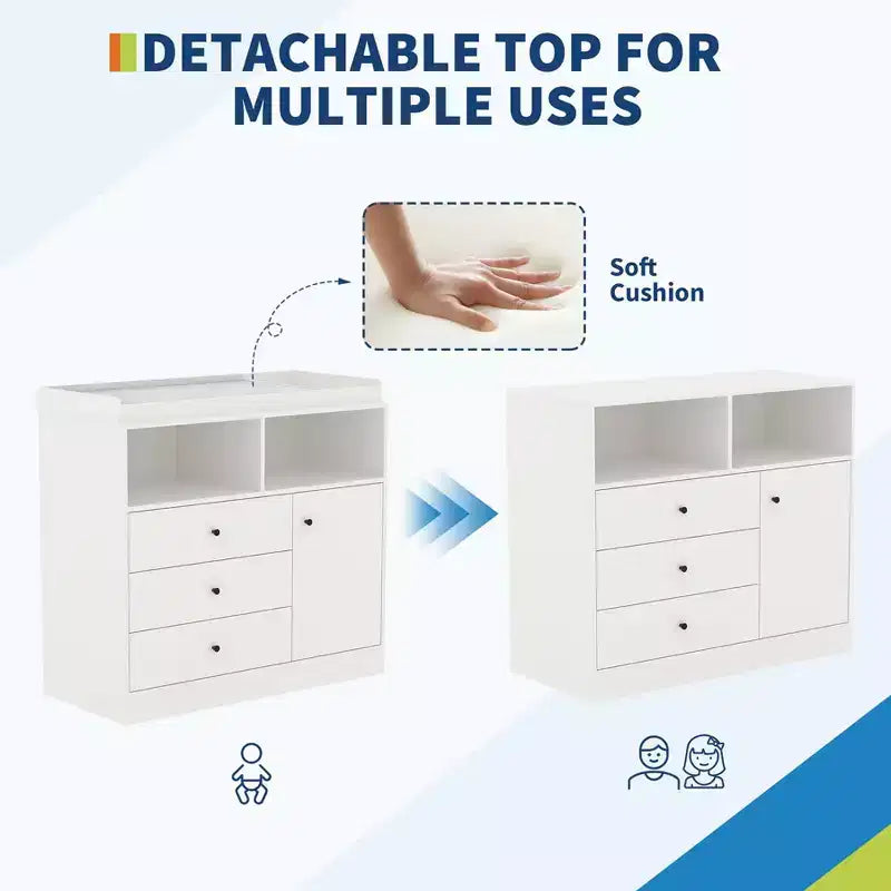 Commode de chambre de bébé blanche avec plateau à langer – Grande station à langer en bois avec 3 tiroirs et 2 étagères pour chambre d'enfant (1 pièce)