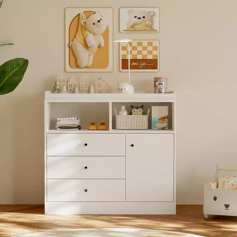 Commode de chambre de bébé blanche avec plateau à langer – Grande station à langer en bois avec 3 tiroirs et 2 étagères pour chambre d'enfant (1 pièce)