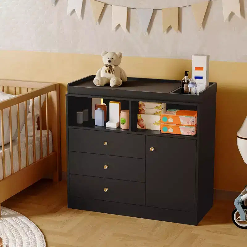 Commode de chambre de bébé blanche avec plateau à langer – Grande station à langer en bois avec 3 tiroirs et 2 étagères pour chambre d'enfant (1 pièce)