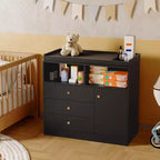 Commode de chambre de bébé blanche avec plateau à langer – Grande station à langer en bois avec 3 tiroirs et 2 étagères pour chambre d'enfant (1 pièce)