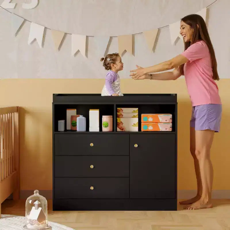 Commode de chambre de bébé blanche avec plateau à langer – Grande station à langer en bois avec 3 tiroirs et 2 étagères pour chambre d'enfant (1 pièce)