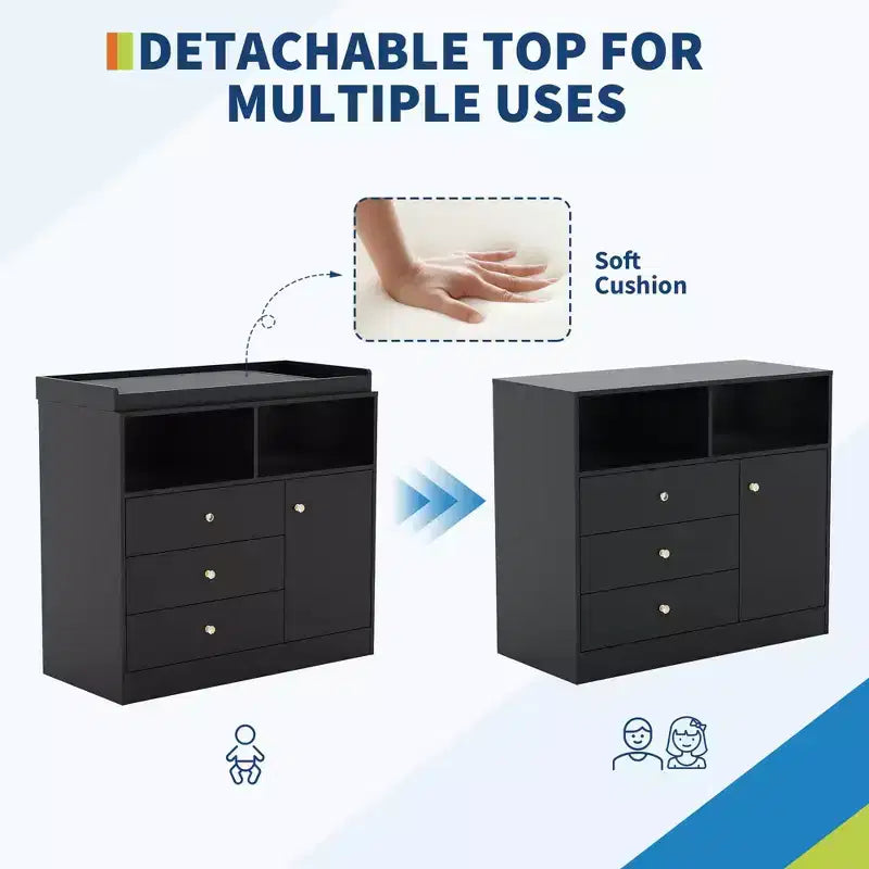 Commode de chambre de bébé blanche avec plateau à langer – Grande station à langer en bois avec 3 tiroirs et 2 étagères pour chambre d'enfant (1 pièce)