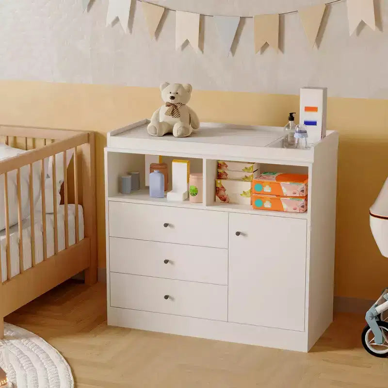 Commode de chambre de bébé blanche avec plateau à langer – Grande station à langer en bois avec 3 tiroirs et 2 étagères pour chambre d'enfant (1 pièce)